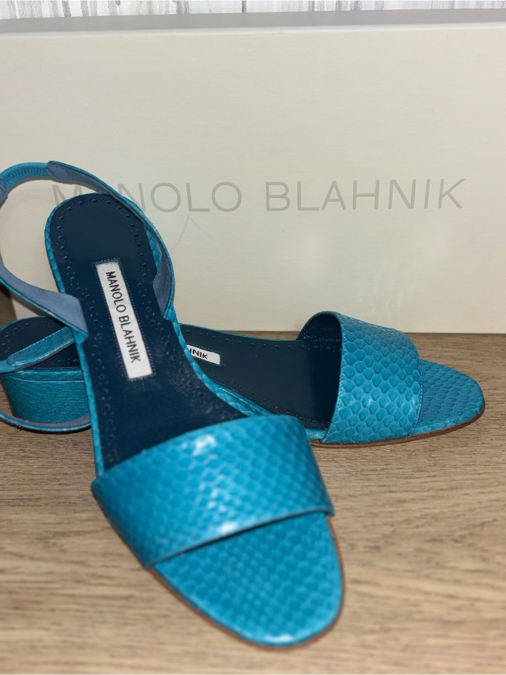 Manolo Blahnik Turquoise Textured Open-Toe Slingback Heels